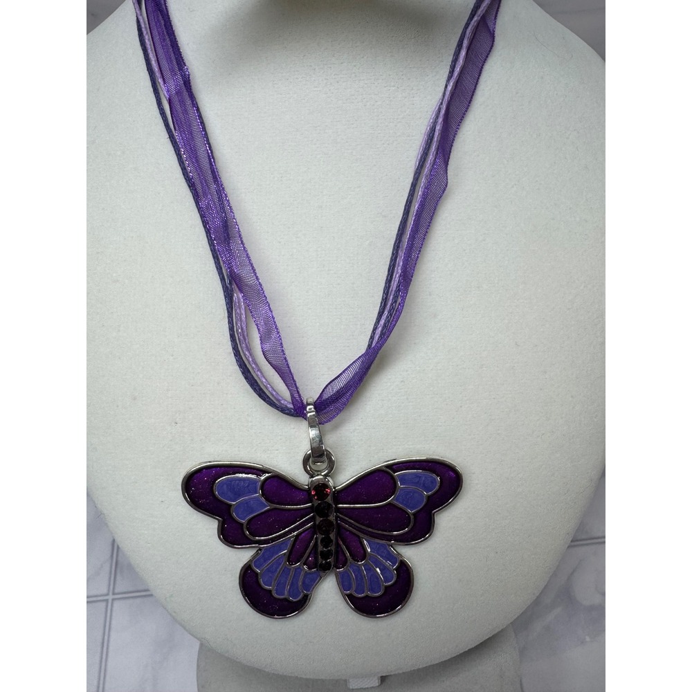 Yiwu Purple Butterfly Enamel Rhinestone Ribbon Cord Necklace Silver Tone NWT